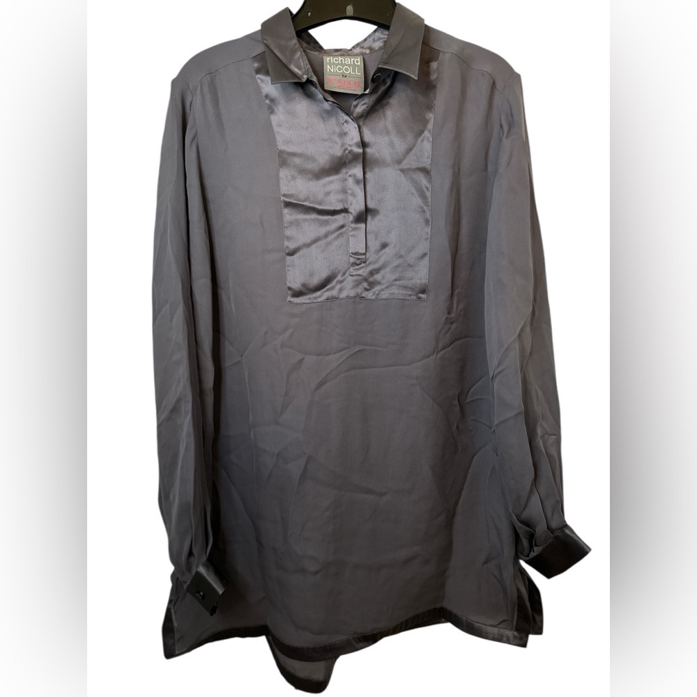 Richard Nicoll For Pink Charcoal Tuxedo Style Silk Tunic Blouse
